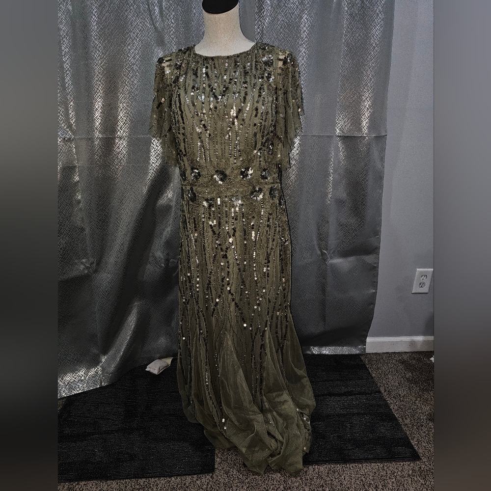 Adrianna Papell Olive Sequin Maxi Dress